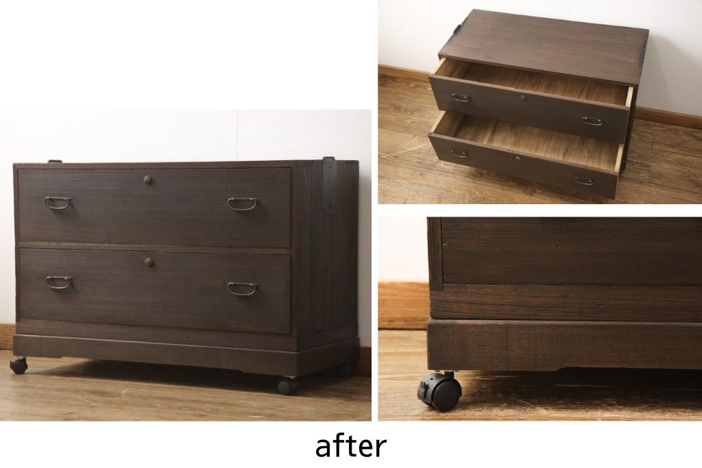 桐箪笥を綺麗に再生!高品質リペアを施し、キャスターを取り付け。チェス系に着色仕上げ。