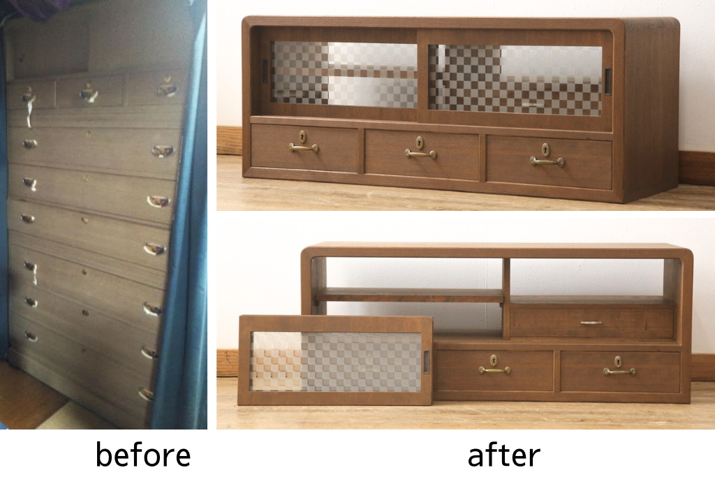 桐箪笥の上段を用いてローボードにリメイク!高さと奥行きをリサイズ。棚を製作し、背面はオープンに。引き戸は市松模様のガラスをはめ込み、取っ手と鍵金具を交換。チェスナット系に着色仕上げ。