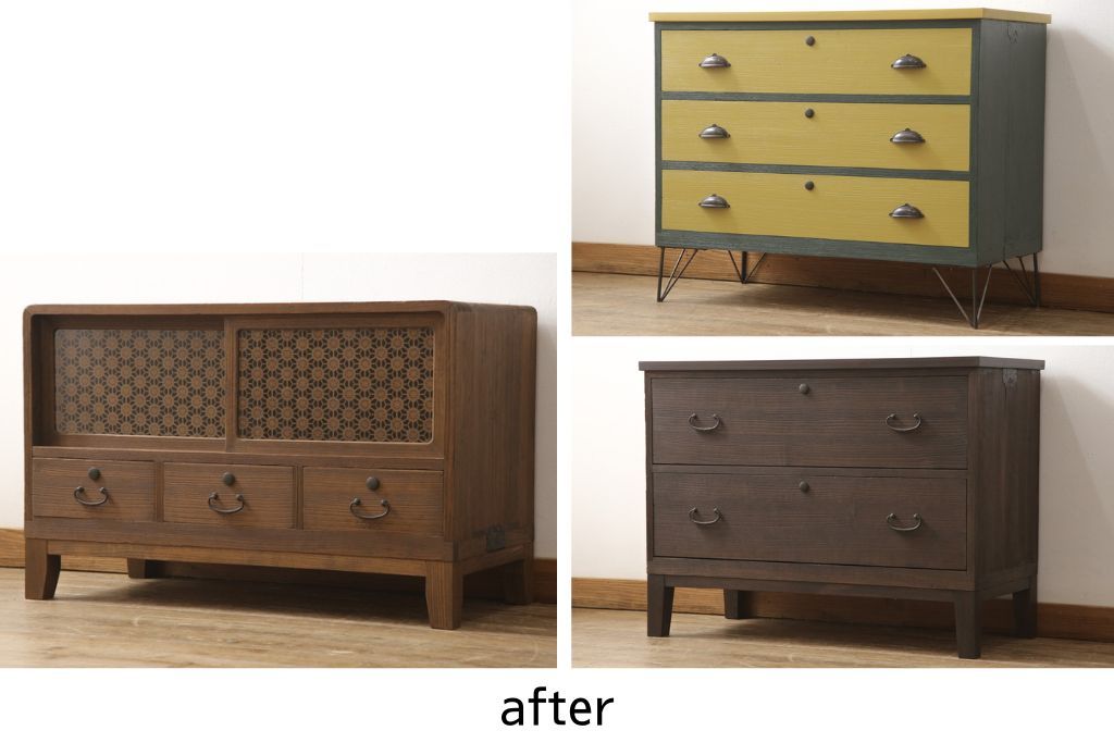 3段重ね桐箪笥を3つのローボードへリメイク!上段は引き戸を組子ガラスに変更。明るめの茶色に着色仕上げ。中段は取っ手を交換し、ダークグリーン、スモーキーイエローのツートーンペイント。下段はフラップダウン式扉に加工し、濃いめの茶色に着色仕上げ。中下段には天板を取り付け、3点全て脚の取り付け。