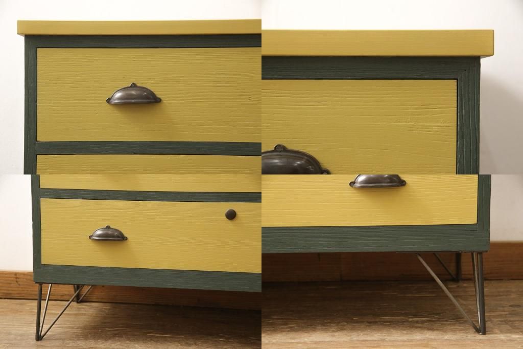 3段重ね桐箪笥を3つのローボードへリメイク!上段は引き戸を組子ガラスに変更。明るめの茶色に着色仕上げ。中段は取っ手を交換し、ダークグリーン、スモーキーイエローのツートーンペイント。下段はフラップダウン式扉に加工し、濃いめの茶色に着色仕上げ。中下段には天板を取り付け、3点全て脚の取り付け。