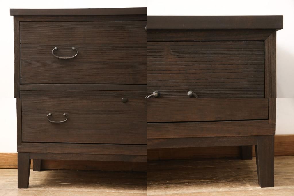 3段重ね桐箪笥を3つのローボードへリメイク!上段は引き戸を組子ガラスに変更。明るめの茶色に着色仕上げ。中段は取っ手を交換し、ダークグリーン、スモーキーイエローのツートーンペイント。下段はフラップダウン式扉に加工し、濃いめの茶色に着色仕上げ。中下段には天板を取り付け、3点全て脚の取り付け。