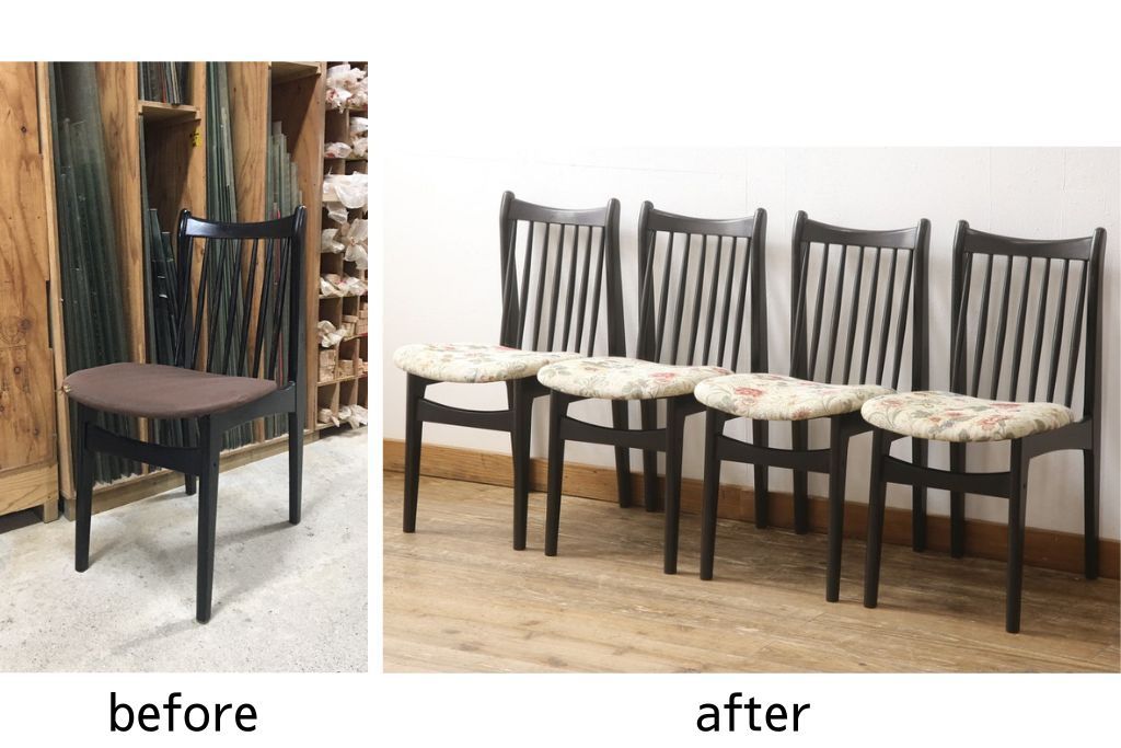 チェアの座面を張り替えてリメイク!高品質リペアを施し、座面をお好みの生地に張り替え。木部は現状の色味に仕上げ。