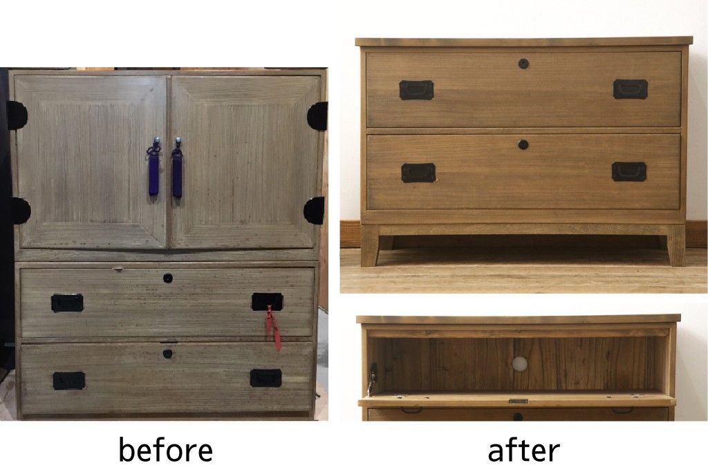 桐箪笥の下段をローボードへリメイク!高品質リペアを施し、天板・脚を取付。一段目はフラップダウン、配線用の穴あけ加工。木地色仕上げでナチュラルに。