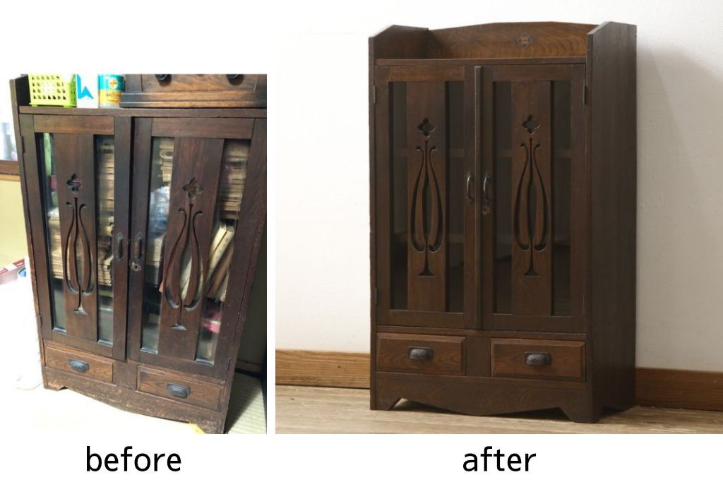 本箱を綺麗に再生!棚受け3ヶ所取り付け、風防製作。現状のお品物に合わせて1トーン程落ち着いた色に着色。