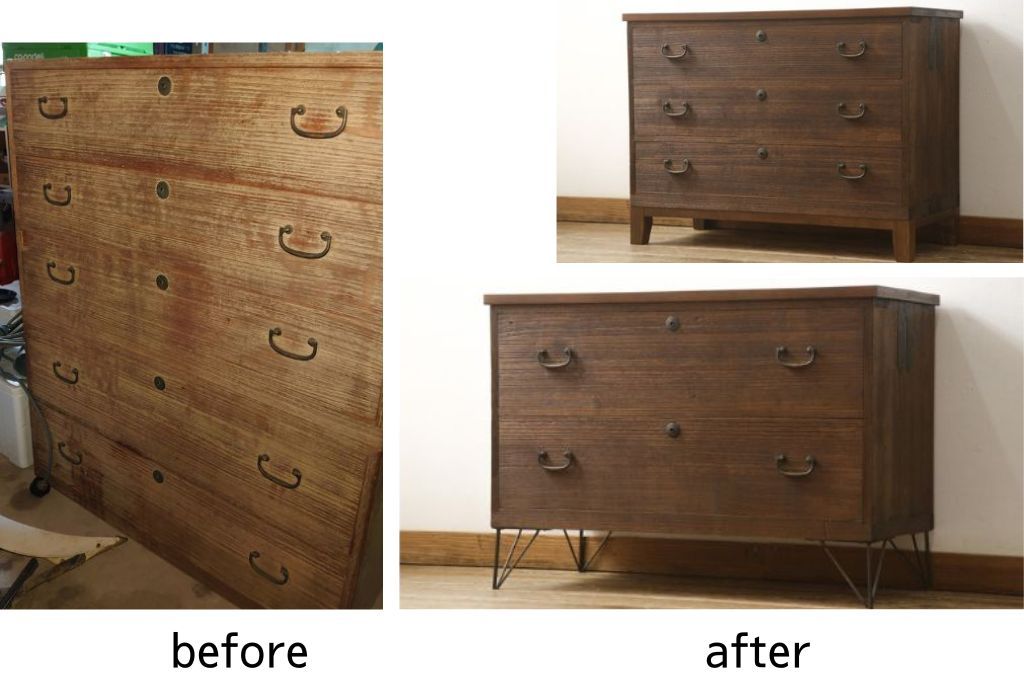 2段重ね桐箪笥を2つのローボードへリメイク!それぞれ高品質リペアを施し、天板と脚を取り付け。どちらもオーク系のステイン仕上げ。