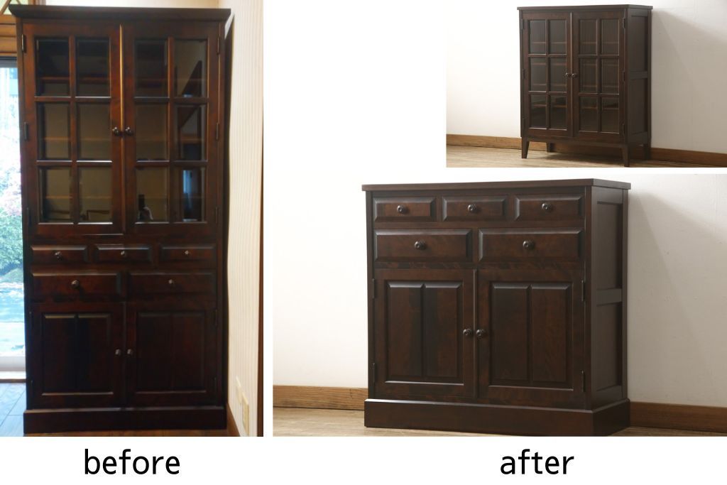 食器棚を2つのキャビネットにリメイク!上段は脚を取り付け。下段は底面にフェルトを取り付け。いずれも天板を取り付けて、ワントーン落ち着いた色に着色仕上げ。