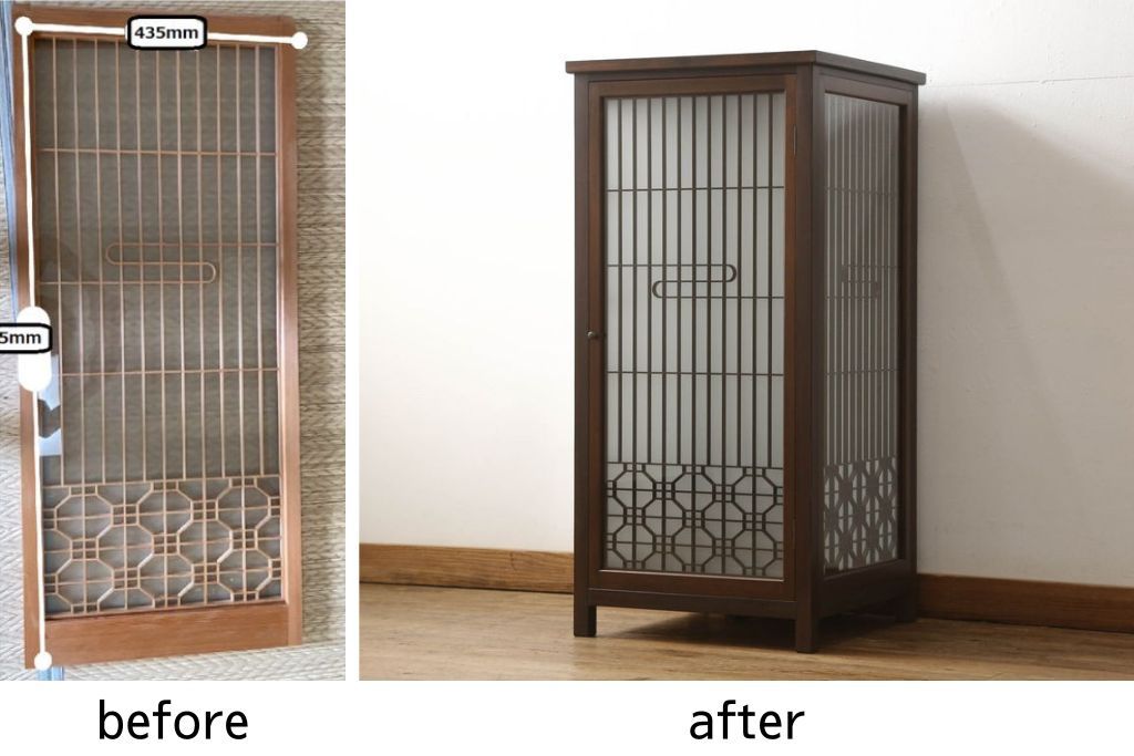 建具をスタンドライトにリメイク!4枚の建具を組んでスタンドライトに加工。脚を取り付け、ご希望の色に着色仕上げ。