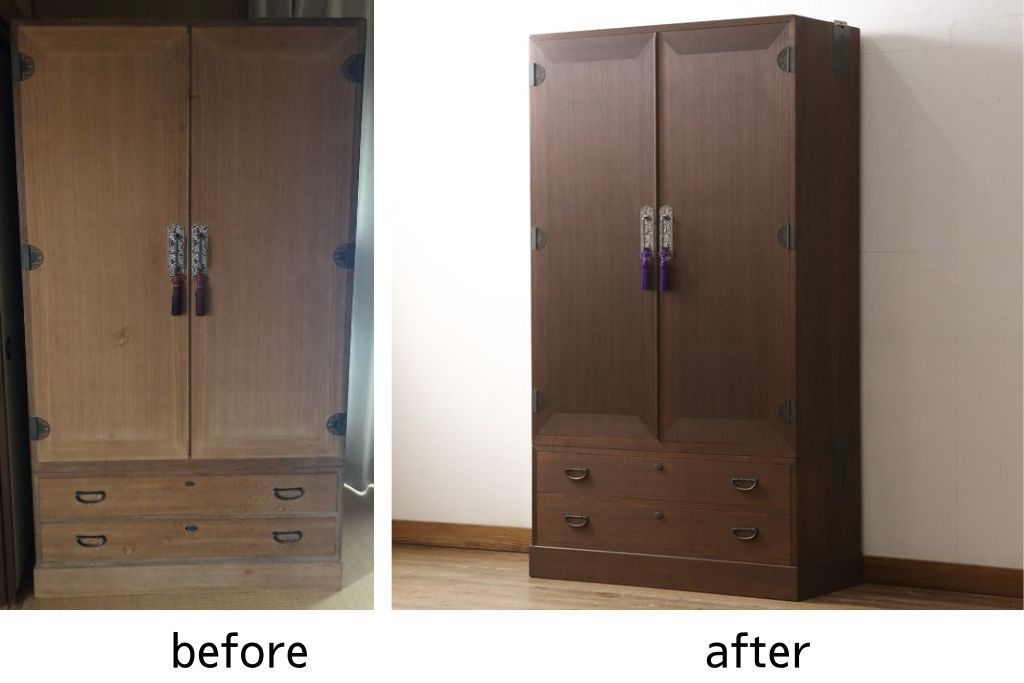 桐箪笥を綺麗に再生!リサイズし、可動式の棚を製作。房を交換して、オーク系で着色仕上げ。