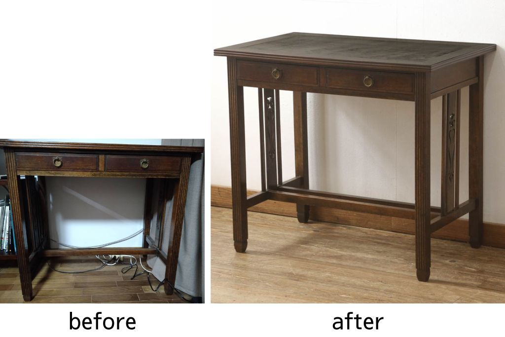 デスクを綺麗に再生!高品質リペアを施し、欠損箇所の脚部と側面の貫を再現製作。新材使用の箇所は本体に合わせ着色。