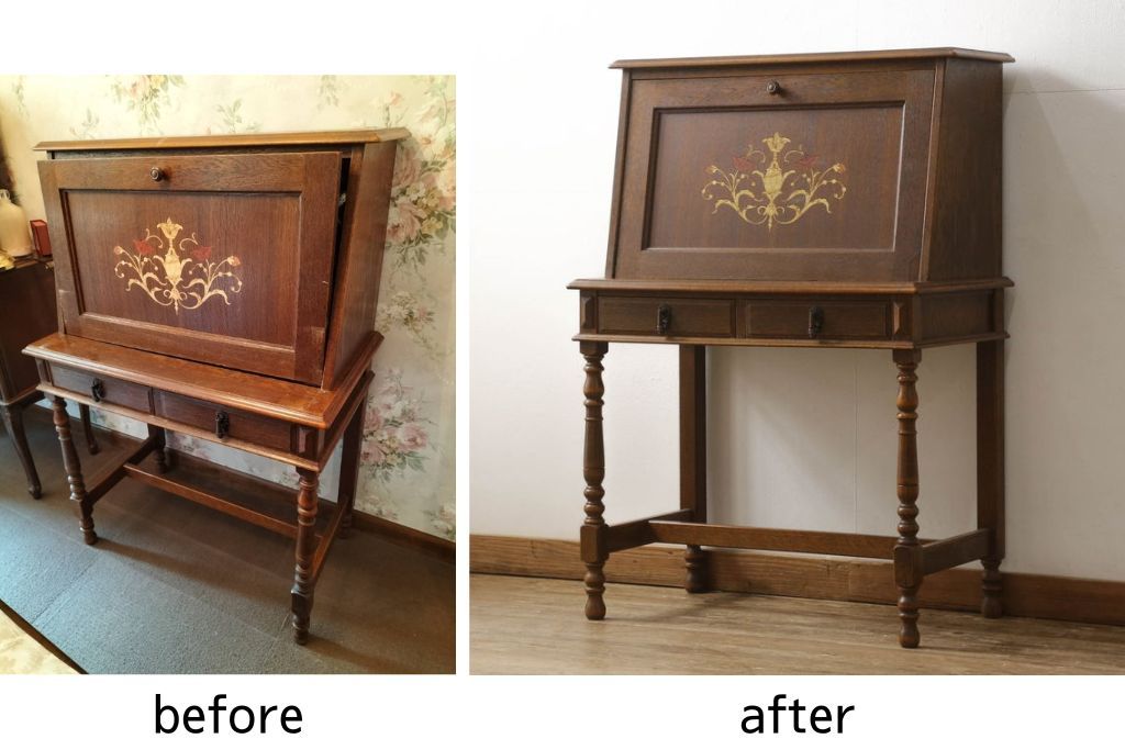 ライティングビューローを綺麗に再生!高品質リペアを施し、天板のみ剥離し着色。天板以外は現状をベースに色味調整。