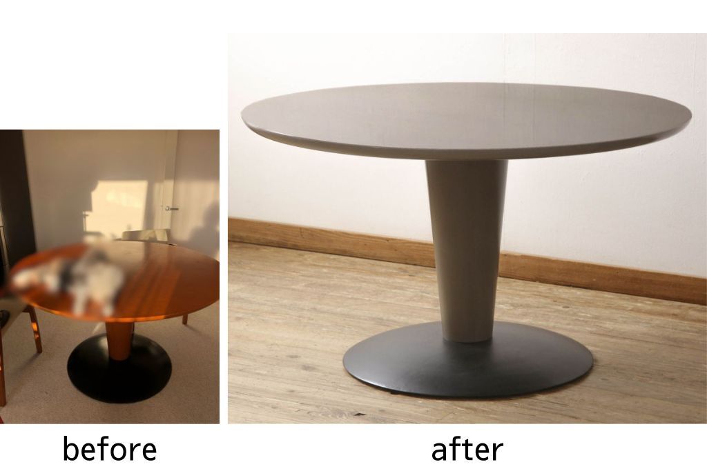 テーブルを綺麗に再生!天板の深い傷部分は埋め木加工。金属部分は既存の色味に合わせてのリタッチ。本体部分は剥離してご希望のお色味に合わせてステイン塗料にて仕上げ。