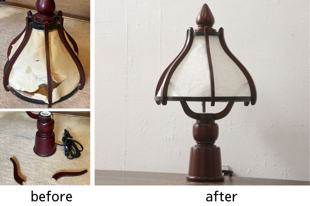 スタンドライトを綺麗に再生!木部分の修繕、和紙貼り直し。修繕箇所は本体と馴染ませ、本体は現状をベースにして着色。