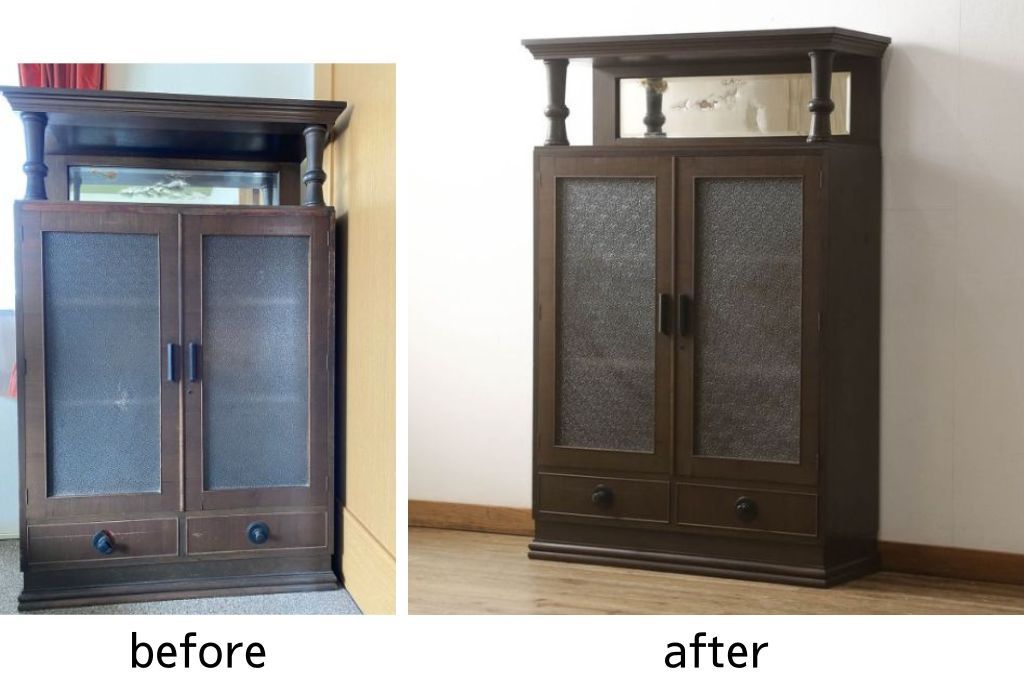 本箱を綺麗に再生!開き戸の反り調整、破損している引き出しの取っ手の修理。塗装が剥げている部分を剥離し、現状の色味に合わせて着色。