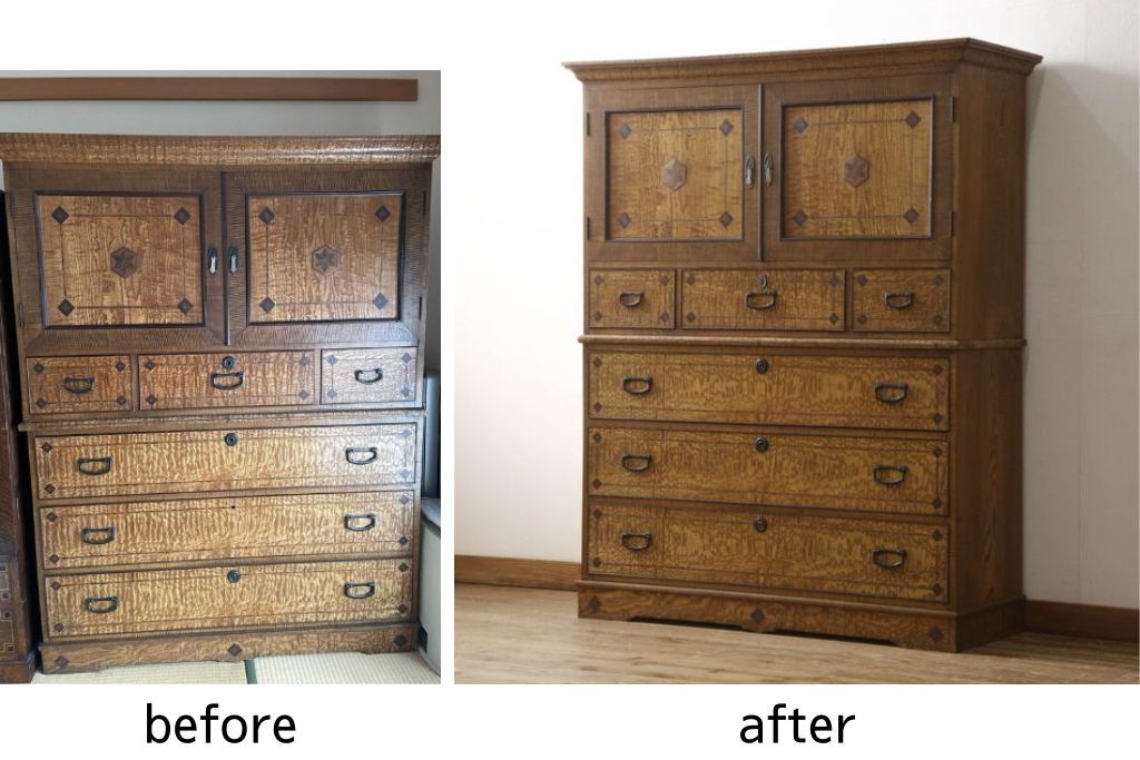 重ね箪笥を綺麗に再生!本体は現状をベース着色し、修繕箇所は本体と馴染ませて仕上げ。