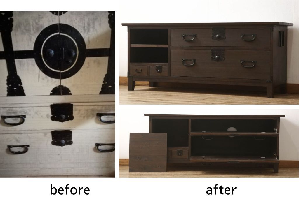 桐箪笥をテレビボードにリメイク!上段にあった小引き出しの高さ調整をし、下段と並べて製作。引き出しをフラップダウン仕様へ変更。可動式の棚板を追加し、配線穴開け加工。天板と脚を取り付け。