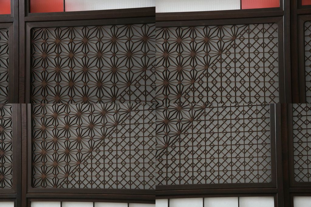 ガラス戸のデザインを変えリメイク!上段・中段は格子パネルをはめ込み。上段はカラー・モール調・すりガラス調のフィルムを張り付け。下段は和紙フィルム仕様に加工し、木部をこげ茶色に着色仕上げ。