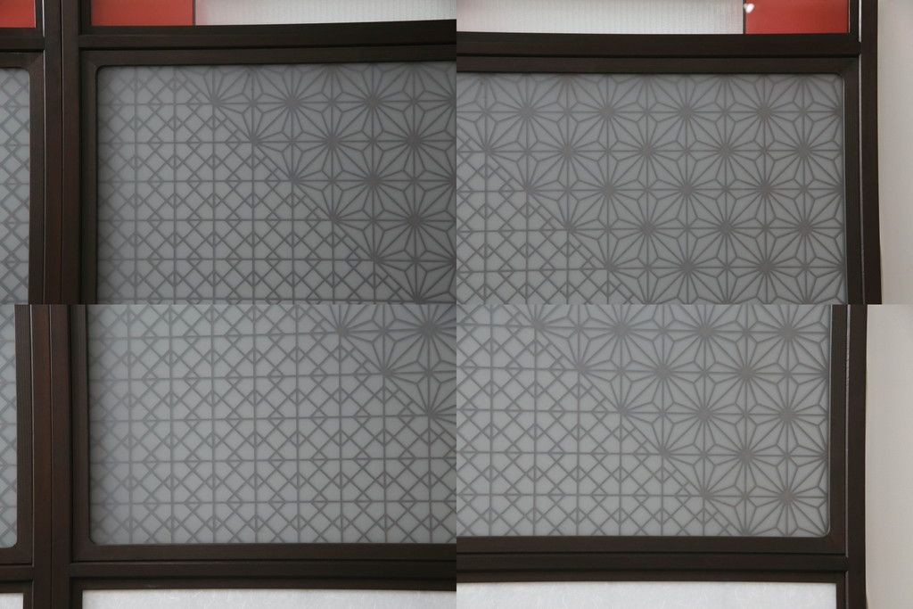 ガラス戸のデザインを変えリメイク!上段・中段は格子パネルをはめ込み。上段はカラー・モール調・すりガラス調のフィルムを張り付け。下段は和紙フィルム仕様に加工し、木部をこげ茶色に着色仕上げ。