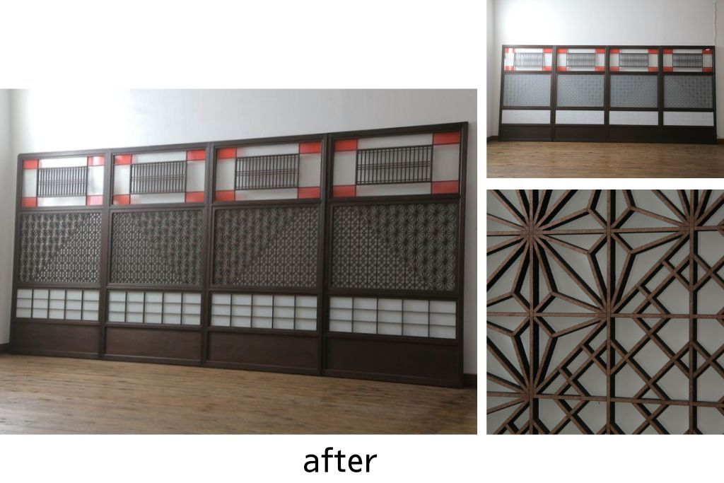 ガラス戸のデザインを変えリメイク!上段・中段は格子パネルをはめ込み。上段はカラー・モール調・すりガラス調のフィルムを張り付け。下段は和紙フィルム仕様に加工し、木部をこげ茶色に着色仕上げ。