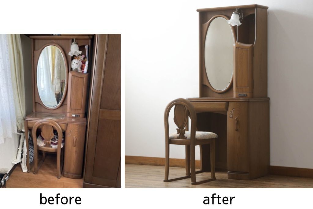 ドレッサーとチェアを綺麗に再生!高品質リペアを施し、防カビ材を塗布。元の色味に合わせて着色。
