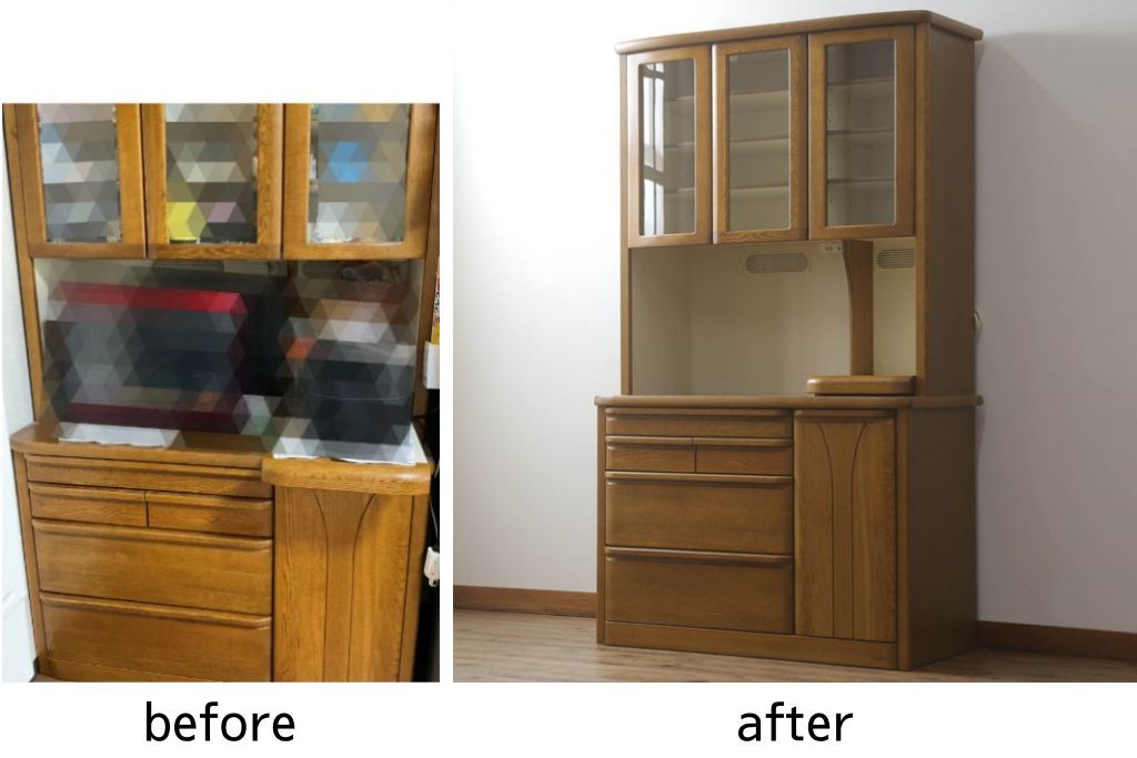 食器棚を綺麗に再生!高品質リペアを施し、天然成分の防カビ材を塗布。