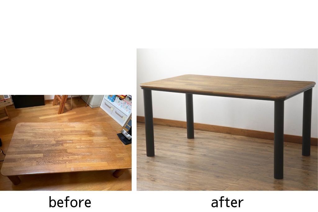テーブルをツートンカラーリメイク!天板の表面を剥離し、現状のお色味をベースに着色。脚はマットブラックでペイント。