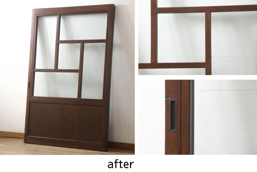 蔵戸をガラス戸にリメイク!!ご要望サイズにリサイズし、ガラス桟の製作、引手金具交換、戸車取り付け。ご希望の色に着色仕上げ。