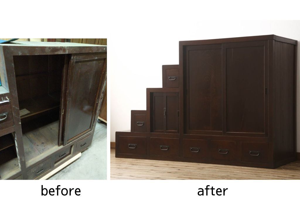 階段箪笥を綺麗に再生!ケヤキ材の天板を取付け、収納部に棚板を追加。ワントーン程落ち着いた色味に着色仕上げ。