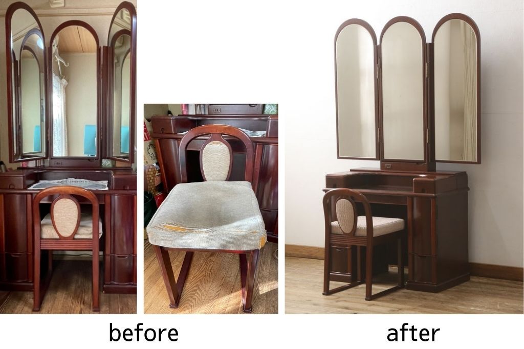 ドレッサーを綺麗に再生!椅子は座面と背面の生地を張り替え、座面の硬さを調整。ドレッサーは配線を新品に交換。