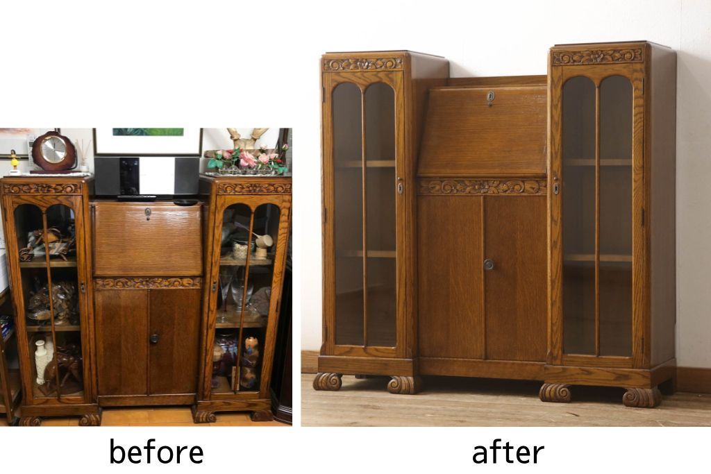 ビューローを綺麗に再生!キズ消し・色ムラを綺麗にするために全体を1トーンほど落ち着いた色味に着色。作業台を支える金具を新しいものに付け替え。