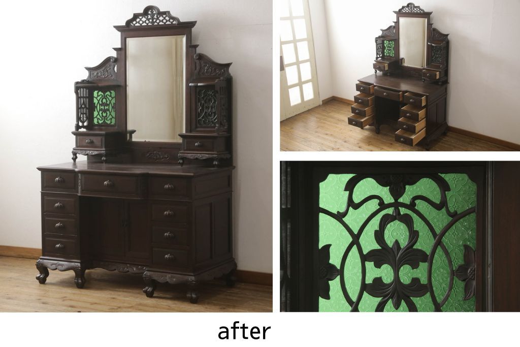 ドレッサーを綺麗に再生!高品質リペアを施し、割れや装飾の修復。天板の色褪せ部分は剥離し、現状の色味合わせた仕上げ。