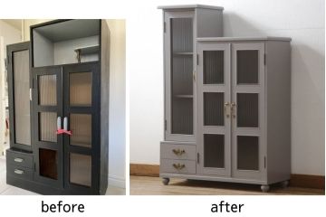 書棚を使いやすくリメイク!上部のオープン部分をカットし、天板を設置。ガラスが欠損した部分にモールガラスをはめ込み、背板を新材に交換。両開き戸内の底面を補強して、台輪をカットし脚を取り付け。取っ手・引手を交換して、ご希望の色に着色仕上げ。