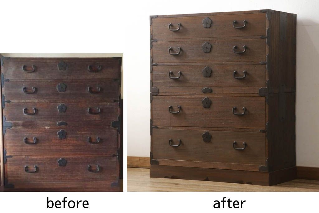 桐箪笥を綺麗に再生!前面の凹凸を削って滑らかに加工。現状の色を基準にオーク系で着色仕上げ。