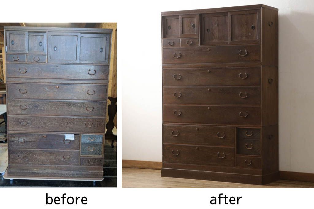 桐箪笥を綺麗に再生!鍵穴隠しを付け直し、剥離再塗装。ワントーン落ち着いた色味に着色。