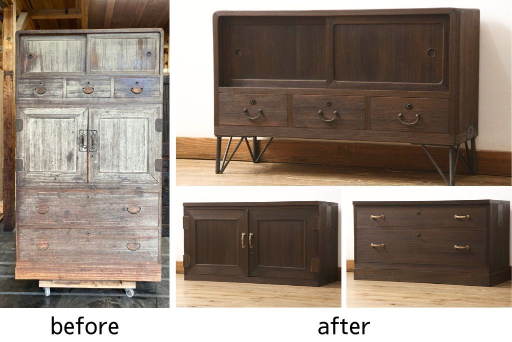 桐箪笥を上中下に分けてローボードにリメイク!上段は奥行きをリサイズし、引き戸内の棚を撤去。天板内部を補強し、鉄脚を取り付け。中段・下段は高さをリサイズし、天板を取り付け、取っ手を交換。着色はチェスナット系のステイン塗料仕上げ。