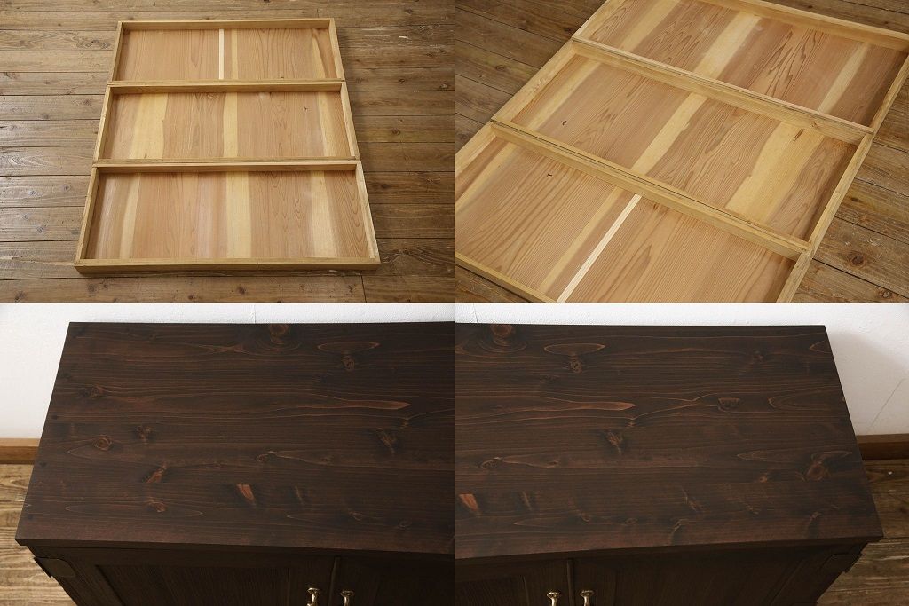 桐箪笥を上中下に分けてローボードにリメイク!上段は奥行きをリサイズし、引き戸内の棚を撤去。天板内部を補強し、鉄脚を取り付け。中段・下段は高さをリサイズし、天板を取り付け、取っ手を交換。着色はチェスナット系のステイン塗料仕上げ。
