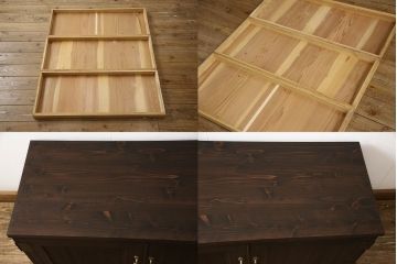 桐箪笥を上中下に分けてローボードにリメイク!上段は奥行きをリサイズし、引き戸内の棚を撤去。天板内部を補強し、鉄脚を取り付け。中段・下段は高さをリサイズし、天板を取り付け、取っ手を交換。着色はチェスナット系のステイン塗料仕上げ。