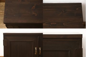 桐箪笥を上中下に分けてローボードにリメイク!上段は奥行きをリサイズし、引き戸内の棚を撤去。天板内部を補強し、鉄脚を取り付け。中段・下段は高さをリサイズし、天板を取り付け、取っ手を交換。着色はチェスナット系のステイン塗料仕上げ。