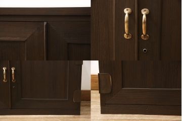 桐箪笥を上中下に分けてローボードにリメイク!上段は奥行きをリサイズし、引き戸内の棚を撤去。天板内部を補強し、鉄脚を取り付け。中段・下段は高さをリサイズし、天板を取り付け、取っ手を交換。着色はチェスナット系のステイン塗料仕上げ。