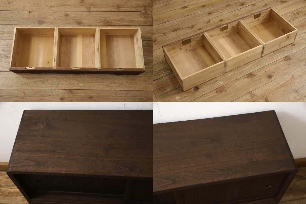 桐箪笥を上中下に分けてローボードにリメイク!上段は奥行きをリサイズし、引き戸内の棚を撤去。天板内部を補強し、鉄脚を取り付け。中段・下段は高さをリサイズし、天板を取り付け、取っ手を交換。着色はチェスナット系のステイン塗料仕上げ。