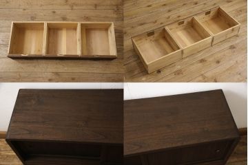 桐箪笥を上中下に分けてローボードにリメイク!上段は奥行きをリサイズし、引き戸内の棚を撤去。天板内部を補強し、鉄脚を取り付け。中段・下段は高さをリサイズし、天板を取り付け、取っ手を交換。着色はチェスナット系のステイン塗料仕上げ。