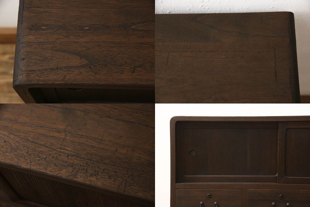 桐箪笥を上中下に分けてローボードにリメイク!上段は奥行きをリサイズし、引き戸内の棚を撤去。天板内部を補強し、鉄脚を取り付け。中段・下段は高さをリサイズし、天板を取り付け、取っ手を交換。着色はチェスナット系のステイン塗料仕上げ。