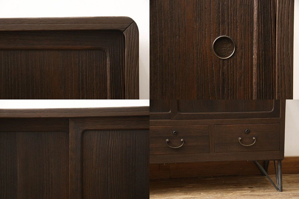 桐箪笥を上中下に分けてローボードにリメイク!上段は奥行きをリサイズし、引き戸内の棚を撤去。天板内部を補強し、鉄脚を取り付け。中段・下段は高さをリサイズし、天板を取り付け、取っ手を交換。着色はチェスナット系のステイン塗料仕上げ。