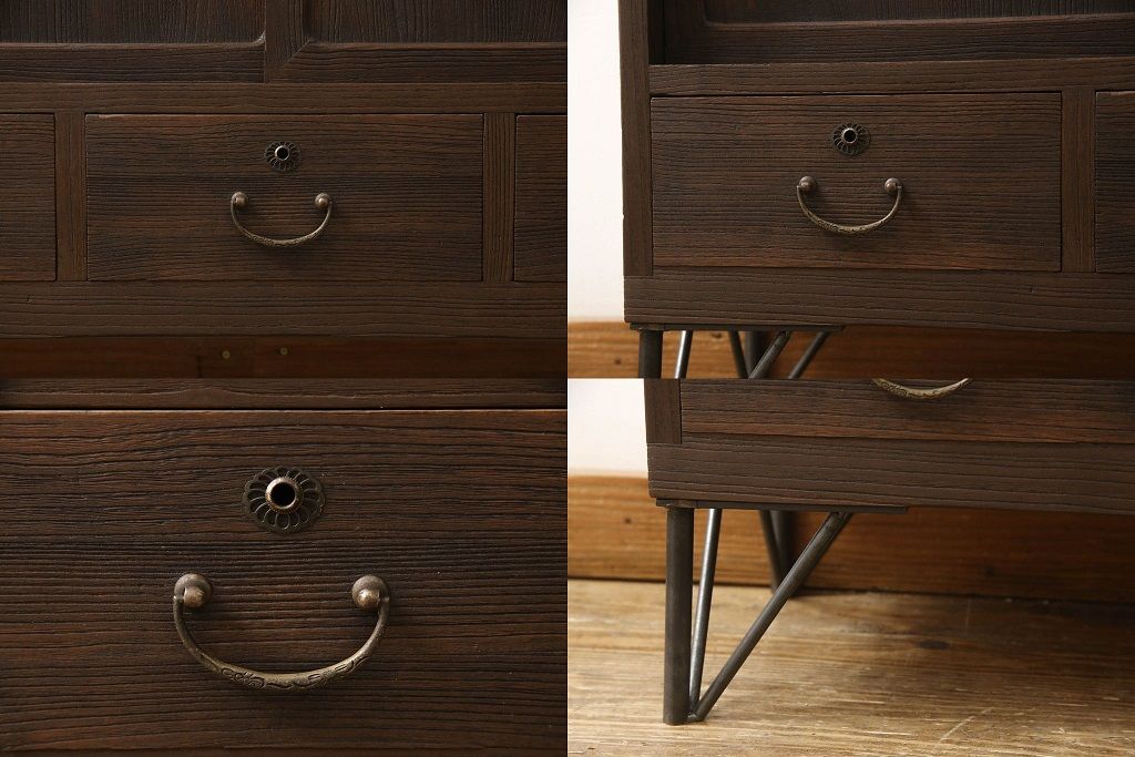 桐箪笥を上中下に分けてローボードにリメイク!上段は奥行きをリサイズし、引き戸内の棚を撤去。天板内部を補強し、鉄脚を取り付け。中段・下段は高さをリサイズし、天板を取り付け、取っ手を交換。着色はチェスナット系のステイン塗料仕上げ。