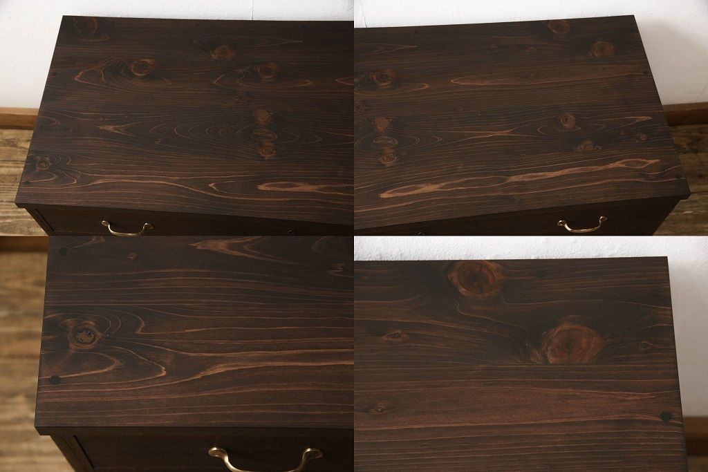 桐箪笥を上中下に分けてローボードにリメイク!上段は奥行きをリサイズし、引き戸内の棚を撤去。天板内部を補強し、鉄脚を取り付け。中段・下段は高さをリサイズし、天板を取り付け、取っ手を交換。着色はチェスナット系のステイン塗料仕上げ。