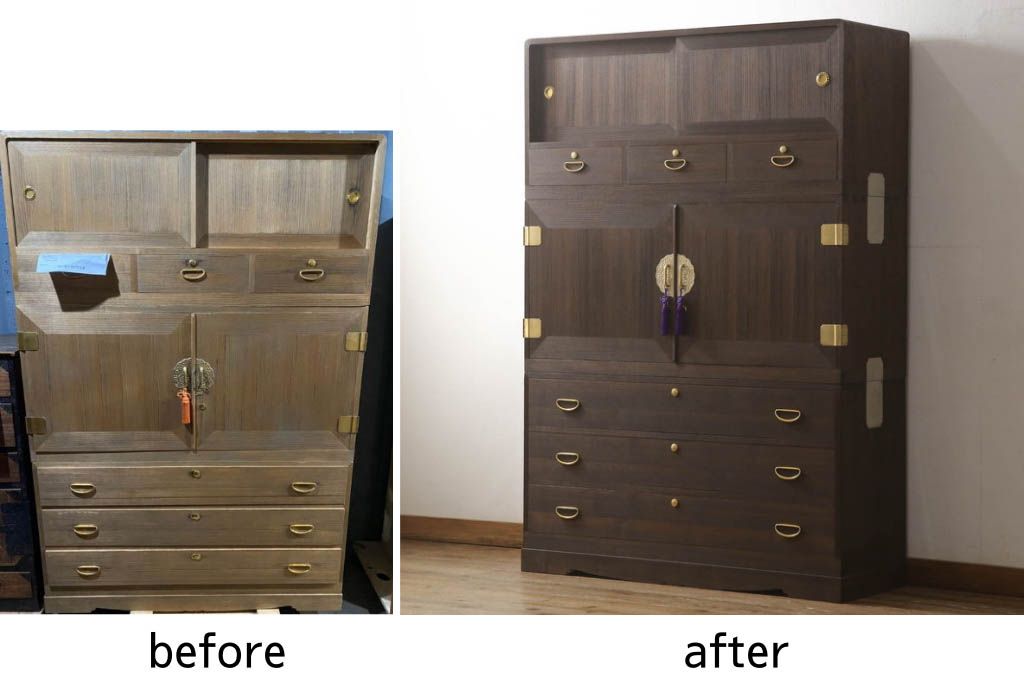 桐箪笥を着色リメイク!高品質リペアを施し、チェスナット系に着色仕上げ。