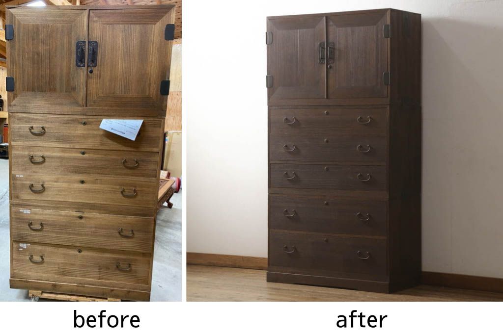桐箪笥を着色リメイク!上段の衣装盆3杯を棚板1枚に変更。チェスナット系に着色仕上げ。