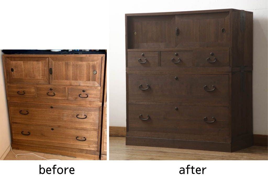 桐箪笥を着色リメイク!高品質リペアを施し、チェスナット系に着色仕上げ。