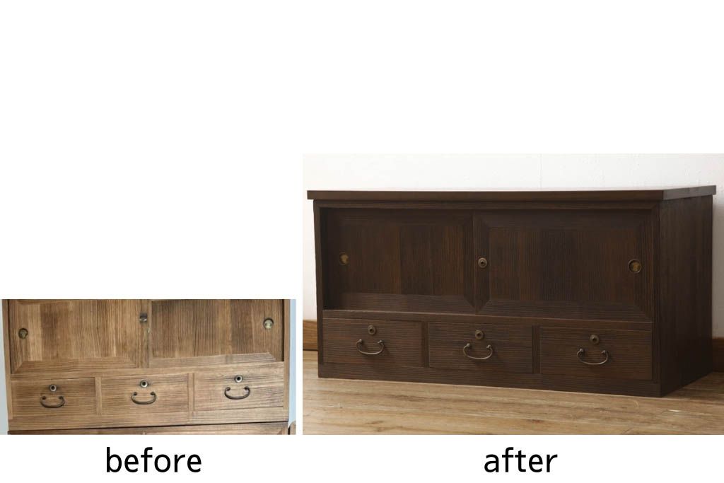 桐箪笥を着色リメイク!ヒノキ材の天板を取り付け、チェスナット系に着色仕上げ。