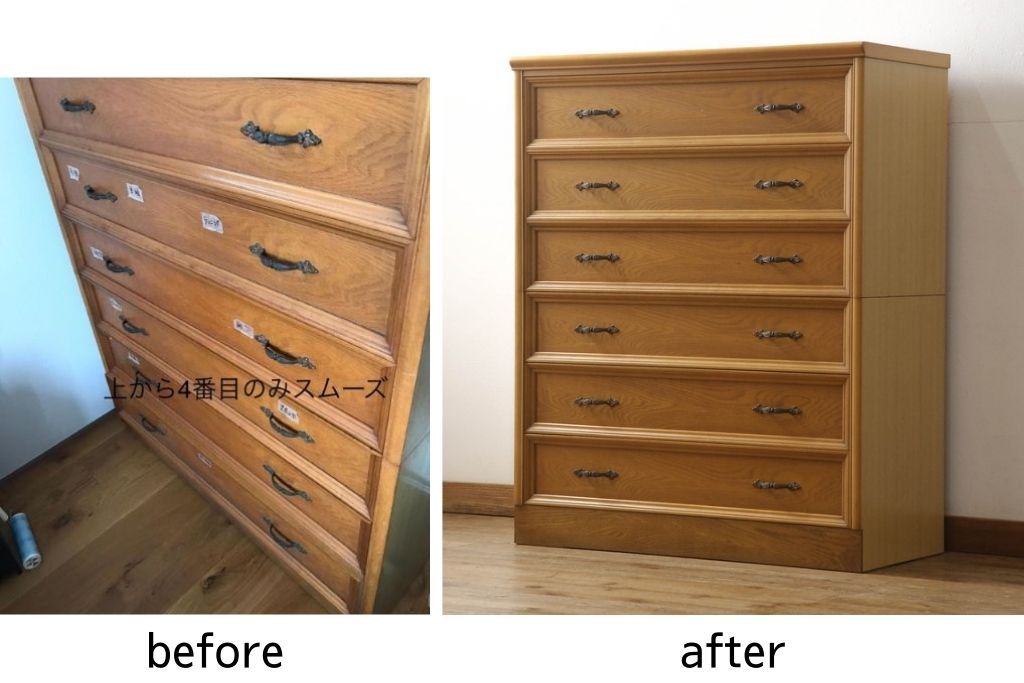 婚礼箪笥を綺麗に再生!高品質リペアを施し、ワントーン落ち着いた色に着色仕上げ。