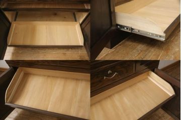 3段重ね桐箪笥を収納棚とローチェストにリメイク!上段・中段は台輪と天板を取り付け重ね収納棚に。引き戸と扉にクリアガラスをはめ込み、衣装盆はスライド式の収納スペースに加工。下段は丸脚の取り付けと、1段目の引き出しを中央で区切り2杯に加工。いずれもヒノキ無垢材の天板を追加。